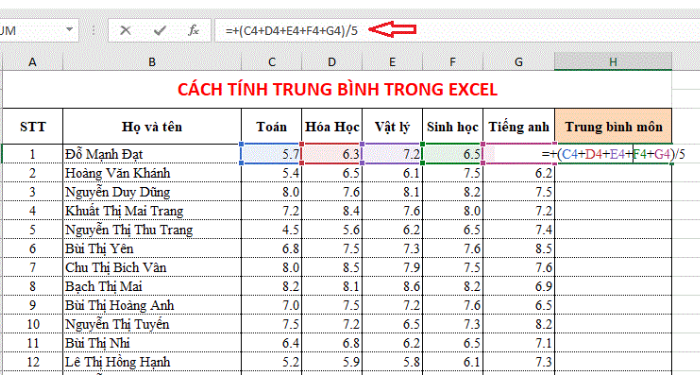cach-tinh-diem-trung-binh-trong-excel-1