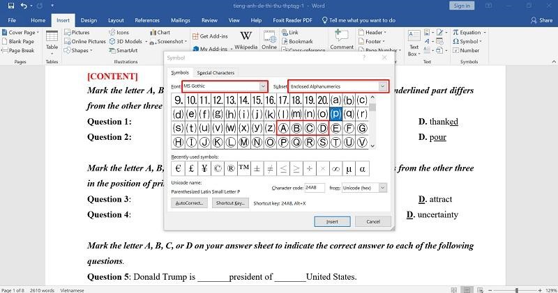 c&aacute;ch khoanh tr&ograve;n đ&aacute;p &aacute;n trong word 8